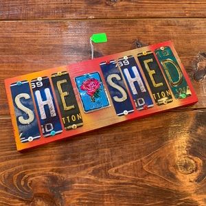 License Plate Tag Strip Wood “SHE SHED” Sign